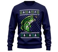 Purple Print House Christmas Fishing Sweatshirt Mens Funny Fish Xmas Festive Fair Isle Fisherman Sweater Gift For Him, M, Navy
