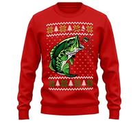Purple Print House Christmas Fishing Sweatshirt Mens Funny Fish Xmas Festive Fair Isle Fisherman Sweater Gift For Him, L, Red
