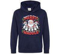 Purple Print House Christmas Penguins Hoodie for Kids - Boys Girls Merry Waddle Xmas Hooded Top - Festive Penguin and Santa Design - Son or Daughter Gift, 12-13 Years, Navy