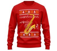 Purple Print House Christmas Saxophone Sweatshirt Unisex Funny Sax Xmas Jumper Festive Fair Isle Brass Instrument Sweater Gift For Women Men, M, Red