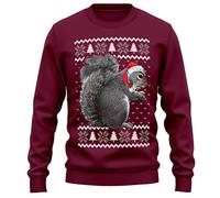 Purple Print House Christmas Squirrel Sweatshirt Adults Jumper Day Festive Forest Wildlife Tree Xmas Hat Sweater Gifts For Men and Women, XL, Maroon