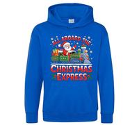 Purple Print House Christmas Train Kids Hoodie - All Aboard Santa Driving Train Design - Fun Festive Hooded Top for Son or Daughter - Xmas Boys Girls Gift, 7-8 Years, Royal