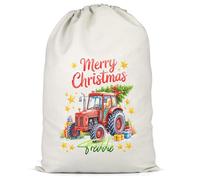 Purple Print House Custom Boys Present Sack - Merry Christmas Red Tractor Festive Gift - Boys Son Nephew Stocking Gift Bag Farmers, XL, Natural