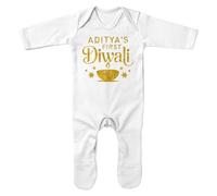 Purple Print House Custom Gold Glitter First Diwali Baby Romper Suit - Personalised Name Diya Design - 1st Festival of Lights - Boys Girls - Hinduism Hindu Celebration Gift, 0-3 Months, White
