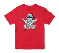 Purple Print House Custom Kids Medieval Knight T Shirt with Crossed Swords Design for Boys & Girls Personalised Name Gift Birthday Present, 3-4 Years, Red