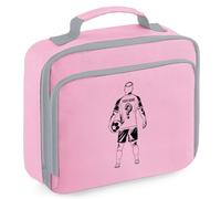 Purple Print House Custom Name Number Boys Footballer Lunch Bag Kids Football Design Back to School Nursery Lunchbox Infants Footy Fan Gift, 24cm x 20cm x 8cm, Pink