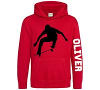 Purple Print House Custom Name Skateboard Kids Hoodie, Personalised Text Gifts For Boys and Girls, Unique and Cool Birthday Christmas Skater Hoody, Hooded Skating Kickflip Jumper Gift, 5-6 Years, Red