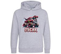 Purple Print House Custom Red Dino Monster Truck Hoodie For Boys Dinosaur Giant Off Road Trucks Hooded Top Kids, 5-6 Years, Sport Grey