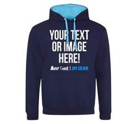 Purple Print House Custom Varsity Hoodie Mens Hoody Personalised Printed Any Text Image Logo Workwear Company Contrast Colours, XXL, Navy/Blue
