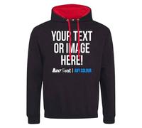 Purple Print House Custom Varsity Hoodie Mens Hoody Personalised Printed Any Text Image Logo Workwear Company Contrast Colours, M, Black/Red
