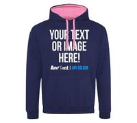 Purple Print House Custom Varsity Hoodie Mens Hoody Personalised Printed Any Text Image Logo Workwear Company Contrast Colours, L, Navy/Pink