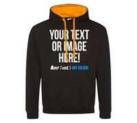 Purple Print House Custom Varsity Hoodie Mens Hoody Personalised Printed Any Text Image Logo Workwear Company Contrast Colours, XL, Black/Orange