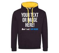Purple Print House Custom Varsity Hoodie Mens Hoody Personalised Printed Any Text Image Logo Workwear Company Contrast Colours, S, Black/Gold