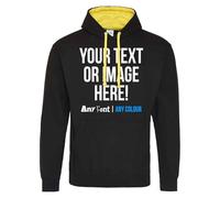 Purple Print House Custom Varsity Hoodie Mens Hoody Personalised Printed Any Text Image Logo Workwear Company Contrast Colours, S, Black/Yellow