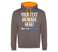 Purple Print House Custom Varsity Hoodie Mens Hoody Personalised Printed Any Text Image Logo Workwear Company Contrast Colours, M, Charcoal/Orange