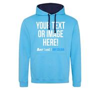 Purple Print House Custom Varsity Hoodie Mens Hoody Personalised Printed Any Text Image Logo Workwear Company Contrast Colours, XXL, Blue/Navy