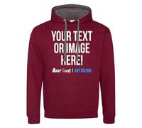 Purple Print House Custom Varsity Hoodie Mens Hoody Personalised Printed Any Text Image Logo Workwear Company Contrast Colours, XL, Burgundy/Charcoal