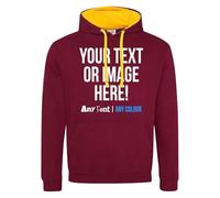Purple Print House Custom Varsity Hoodie Mens Hoody Personalised Printed Any Text Image Logo Workwear Company Contrast Colours, L, Burgundy/Gold