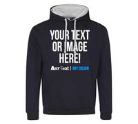 Purple Print House Custom Varsity Hoodie Mens Hoody Personalised Printed Any Text Image Logo Workwear Company Contrast Colours, L, Navy/Grey
