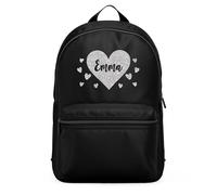 Purple Print House Customised Silver Glitter Hearts Girls Mini Backpack Kids Personalised Name Back To School Nursery Bag, One Size, Black