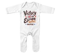 Purple Print House Customised Victory in Europe Baby Romper Suit 80th Anniversary VE Day Design Union Jack Sleepsuit, 0-3 Months, White