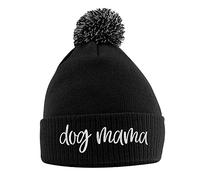 Purple Print House Dog Mama Bobble Hat, Dog Walking Accessories Birthday Gifts for Dog Mum Warm Winter Knitted Beanie Hat with Faux Fur Pom Pom for Womens Girls Mothers Day, One Size, Black