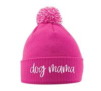 Purple Print House Dog Mama Bobble Hat, Dog Walking Accessories Birthday Gifts for Dog Mum Warm Winter Knitted Beanie Hat with Faux Fur Pom Pom for Womens Girls Mothers Day, One Size, Bright Pink