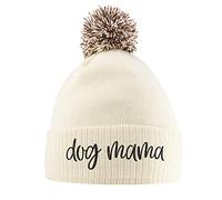 Purple Print House Dog Mama Bobble Hat, Dog Walking Accessories Birthday Gifts for Dog Mum Warm Winter Knitted Beanie Hat with Faux Fur Pom Pom for Womens Girls Mothers Day, One Size, Off White/Mocha