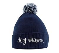 Purple Print House Dog Mama Bobble Hat, Dog Walking Accessories Birthday Gifts for Dog Mum Warm Winter Knitted Beanie Hat with Faux Fur Pom Pom for Womens Girls Mothers Day, One Size, Navy