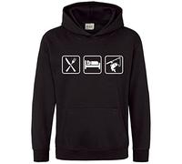 Purple Print House Eat Sleep Fish Hoodie Kids - For Boy or Girl Fishing Gift Idea - Can Be Personalised, 12-13 Years, Black