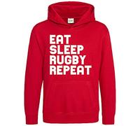 Purple Print House Eat Sleep Rugby Repeat Kids Hoodie, Rugby Player Gifts For Boys and Girls, Unique and Simple Cool Sport Birthday Hoody Boys Kids, Hooded Rugga Jumper Gift, Red, 9-11 Years