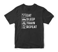 Purple Print House Eat Sleep Train Repeat Boys T Shirt Funny Railway Steam Train Top Tee, 12-13 Years, Black