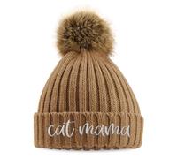 Purple Print House Embroidered Cat Mama Bobble Hat Chunky Pom Pom Autumn Winter Cats Kitten Ribbed Knit Women Gift, One Size, Biscuit