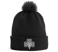 Purple Print House Embroidered Celtic Shamrock Bobble Hat - Irish Three Leaf Clover Unisex Hat for St Patricks Day - Patriotic Ireland Gift - Mens Womens Winter Accessory, One Size, Black