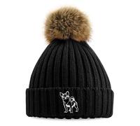 Purple Print House Embroidered Chihuahua Pom Pom Chunky Beanie Women Embroidery Ladies Winter Hat, One Size, Black