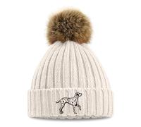 Purple Print House Embroidered Dalmatian Pom Pom Chunky Beanie Women Embroidery Ladies Winter Hat, One Size, Oatmeal
