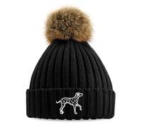 Purple Print House Embroidered Dalmatian Pom Pom Chunky Beanie Women Embroidery Ladies Winter Hat, One Size, Black