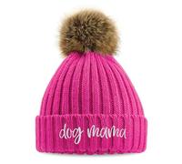 Purple Print House Embroidered Dog Mama Faux Fur Pom Pom Beanie Winter Walking Embroidery Chunky Ladies Hat, One Size, Fuchsia
