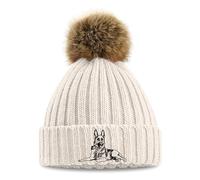 Purple Print House Embroidered German Shepherd Pom Pom Chunky Beanie Women Embroidery AlsatianLadies Winter Hat, One Size, Oatmeal