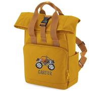 Purple Print House Embroidered Monster Truck Mini Roll Top Backpack For Boys Custom Name Back To School Nursery Toddler Kids Bag, One Size, Mustard