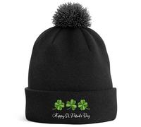 Purple Print House Embroidered St Patricks Day Bobble Hat - Irish Shamrocks Design - Ireland Pride Heritage Hat for Men and Women - Patriotic Paddys Day Winter Accessory, One Size, Black