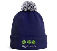 Purple Print House Embroidered St Patricks Day Bobble Hat - Irish Shamrocks Design - Ireland Pride Heritage Hat for Men and Women - Patriotic Paddys Day Winter Accessory, One Size, Navy