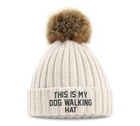 Purple Print House Embroidered This is My Dog Walking Hat Faux Fur Pom Pom Beanie Winter Walking Embroidery Chunky Ladies Hat, One Size, Oatmeal