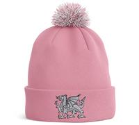 Purple Print House Embroidered Welsh Dragon Bobble Hat Men Women Rugby Wales Supporters Cymru Nations Winter, One Size, Dusty Pink