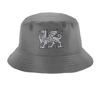 Purple Print House Embroidered Welsh Dragon Bucket Hat Unisex Cymraeg Y Ddraig Goch Rugby Football Country Him Her Recycled Hat, L, Grey