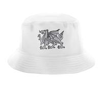 Purple Print House Embroidered Welsh Dragon Bucket Hat Unisex Cymraeg Y Ddraig Goch Rugby Football Country Him Her Recycled Hat, L, White