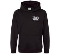 Purple Print House Embroidered Welsh Dragon Kids Hoodie Y Ddraig Goch Boys Six 6 Girls Rugby Cymru Wales Nations Hoody, 12-13 Years, Black