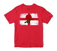 Purple Print House England Flag Rugby Rose T Shirt Kids Retro England Nations Football Supporter Top Tee, 7-8 Years, Red