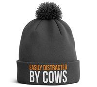Purple Print House Farming Gifts - Easily Distracted by Cows Funny Beanie Hat - Tractor Gifts Farmers Gifts (Dark Grey Bobble)