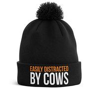 Purple Print House Farming Gifts - Easily Distracted by Cows Funny Beanie Hat - Tractor Gifts Farmers Gifts (Black Bobble)